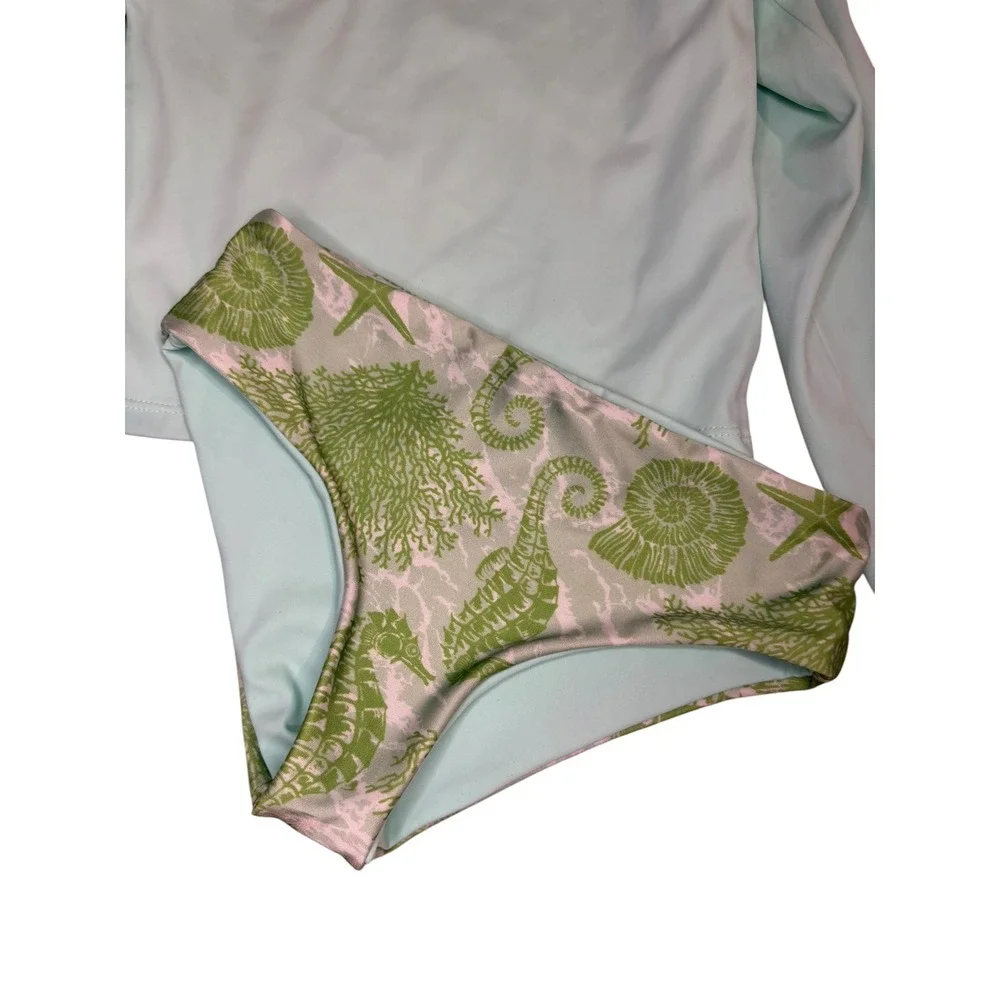 Curuba Mint ReversibleRash Guard Set Kids Seahorse Ruffle‎ Swimsuit 8-10